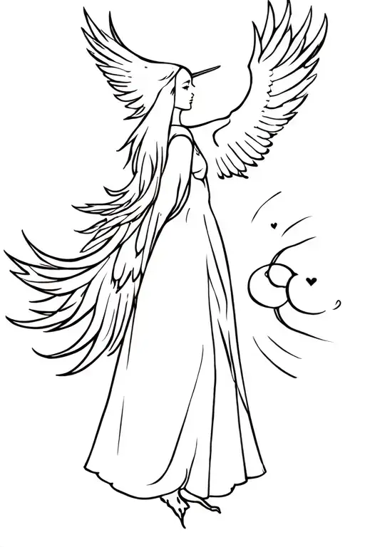 The girl turns into a soaring bird Phoenix, at the top the sun and the moon, the brush draws the heart below tattoo design idea