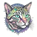 Skinny female tabby cat portrait, Galaxy, Stars, Space, Blue Green purple white black, spot on face, tattoo design idea