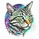Skinny female tabby cat portrait, Galaxy, Stars, Space, Blue Green purple white black, spot on face, tattoo design idea