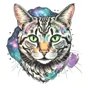 Skinny female tabby cat portrait, Galaxy, Stars, Space, Blue Green purple white black, spot on face, tattoo design idea
