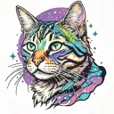 Skinny female tabby cat portrait, Galaxy, Stars, Space, Blue Green purple white black, spot on face, tattoo design idea