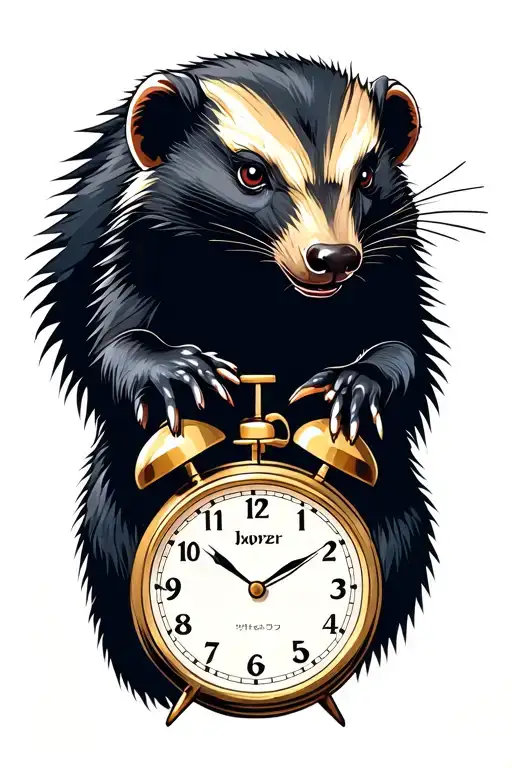 honey badger animal and time with analog clock reading tattoo design idea