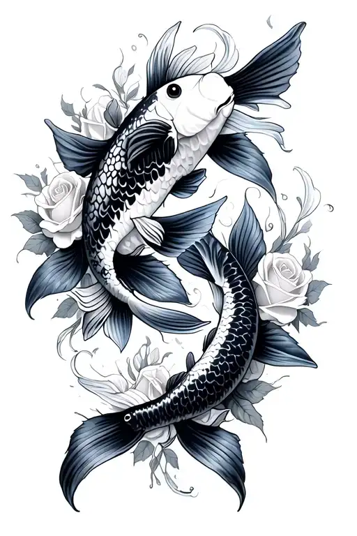 two large koi fish one in the bottom left and one in the top right with long flowing fins and roses surrounding them tattoo design idea