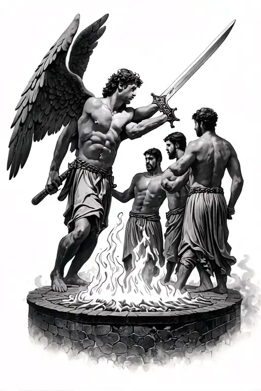  3 men in a big furnace protected by an angel holding a sword tattoo design idea