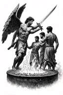  3 men in a big furnace protected by an angel holding a sword tattoo design idea