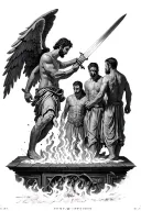  3 men in a big furnace protected by an angel holding a sword tattoo design idea