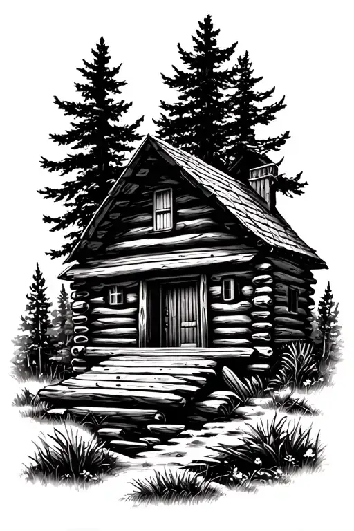 Log Cabin With An Acoustic Guitar Nature Scene  tattoo design idea
