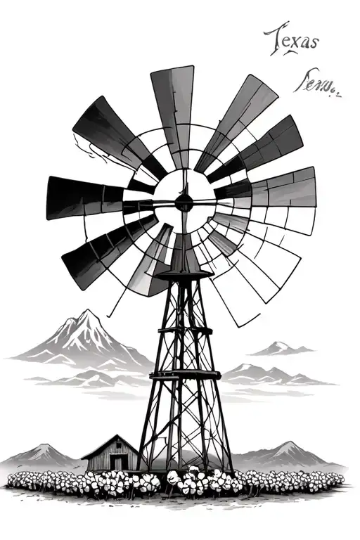 texas windmill surrounded by cotton plants with mountains in background tattoo design idea