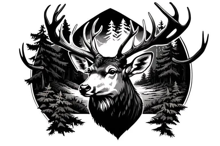 majestic fallow stag antlers and head surrounded but forest tattoo design idea