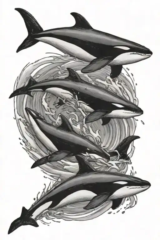 Four orca whale pod hunting together tattoo design idea