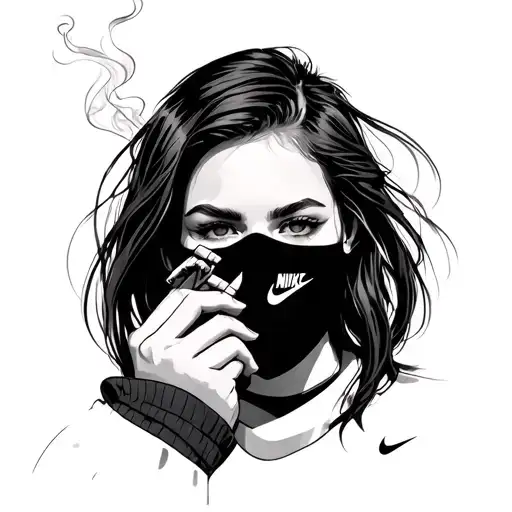 girl in Nike ski mask smoking a joint tattoo design idea