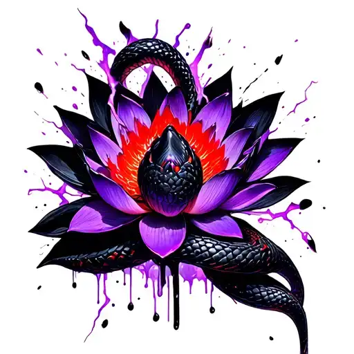 A sketch of a tattoo, a black three -headed snake wraps a lotus flower, purple lightning tattoo design idea
