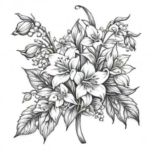 snowdrop, Lily of the valley, rose, larkspur, cosmo, narcissus tattoo design idea