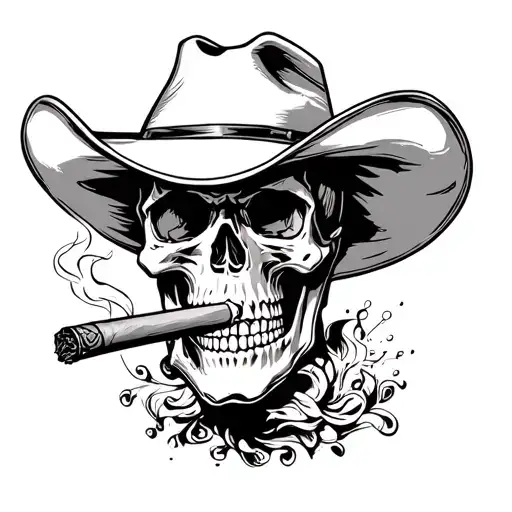 Skull wearing a cowboy hat smoking a cigar tattoo design idea