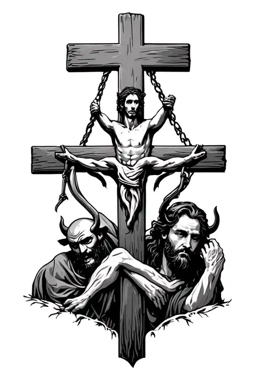 Christian cross and behind them a man with head in gallows and watching devil nearby tattoo design idea