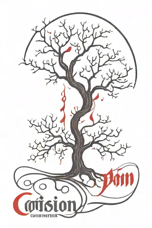 many lines gothic poison tree with flowing red blood and japanese words made of many curved lines tattoo design idea