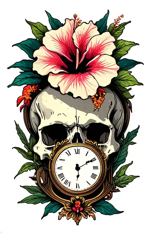 memento mori skull, hibiscus flower, sand clock tattoo design idea