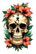 memento mori skull, hibiscus flower, sand clock tattoo design idea