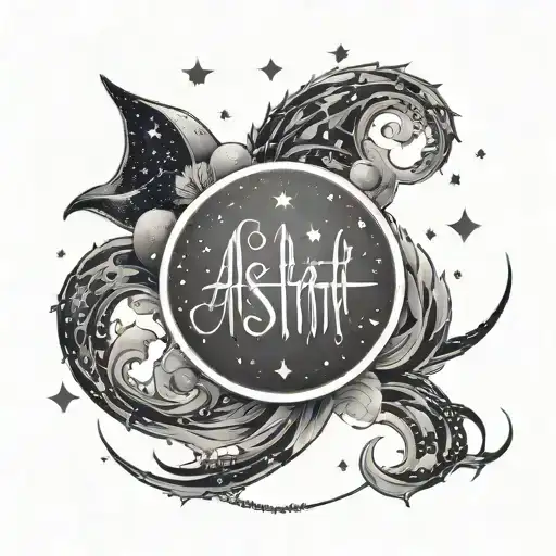 A celestial-themed tattoo with stars and the name 'Asthani' written in a cosmic font, symbolizing eternal love tattoo design idea