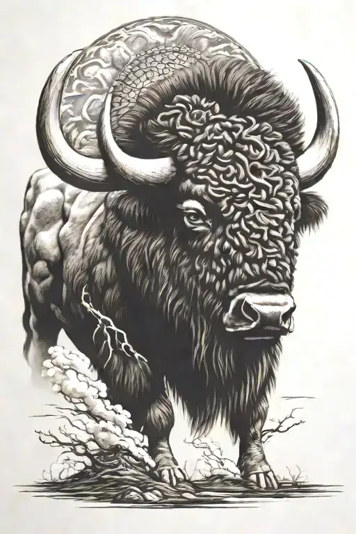bison head facing storm warrior with background tattoo design idea