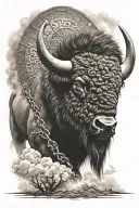 bison head facing storm warrior with background tattoo design idea