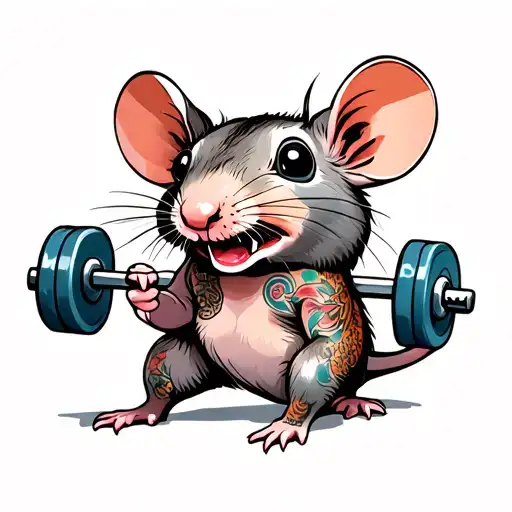 cute rat with tattoos weight lifting weights tattoo design idea