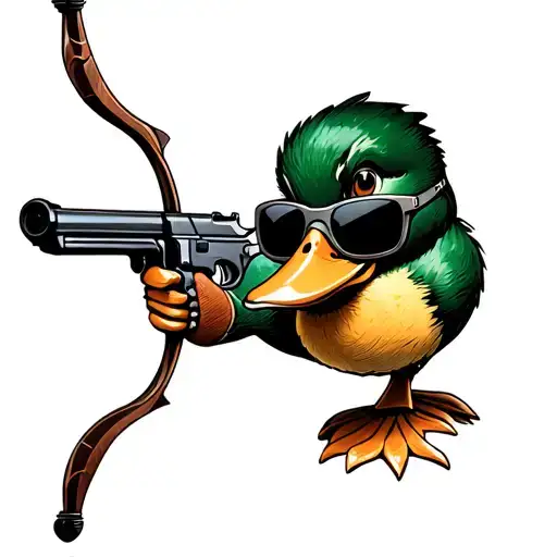 Duck wearing sunglass with a gun aiming his bow tattoo design idea