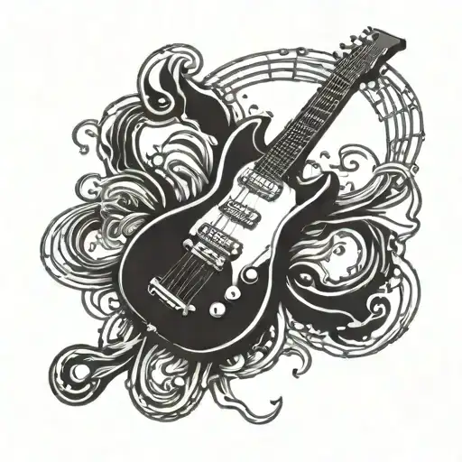 An electric guitar with fishing hooks for strings tattoo design idea