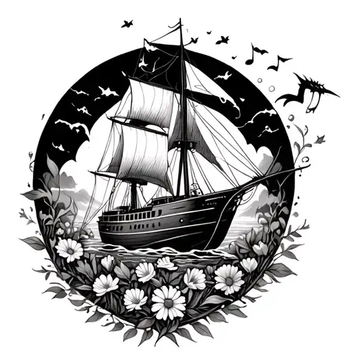 the wicked musical, a sail boat, the legend of zelda, how to train your dragon, and coding all hidden inside wildflowers tattoo design idea