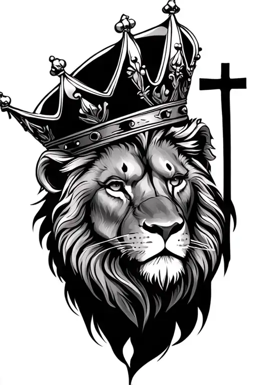 Lion head wearing crown with cross in the background tattoo design idea