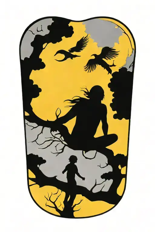 a representation of child being protected through his journey in life using trees, compass, phoenix and time tattoo design idea