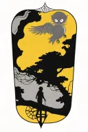 a representation of child being protected through his journey in life using trees, compass, phoenix and time tattoo design idea