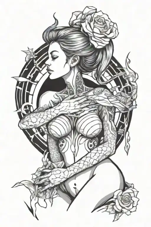 a woman on knees with a portal opening on her chest tattoo design idea