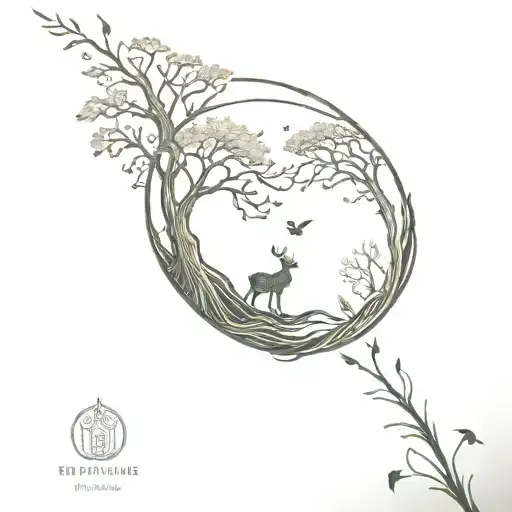 A minimalist tattoo of a magical forest with hidden creatures and elements from fantasy books, reflecting the client's passion for fantasy worlds tattoo design idea