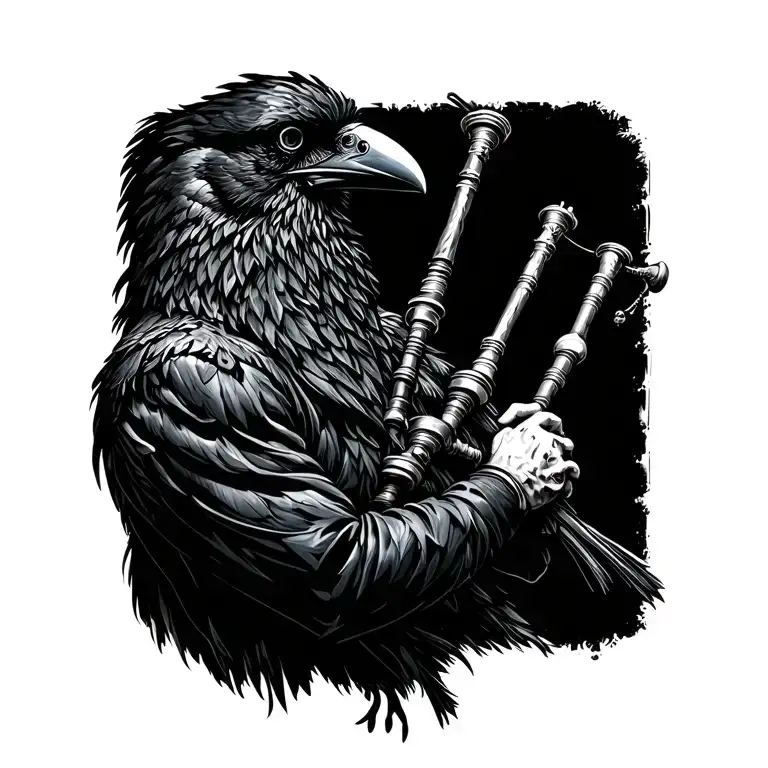  crow muscular with mans face bagpiper playing black bagpipes baldblack beard tattoo design idea