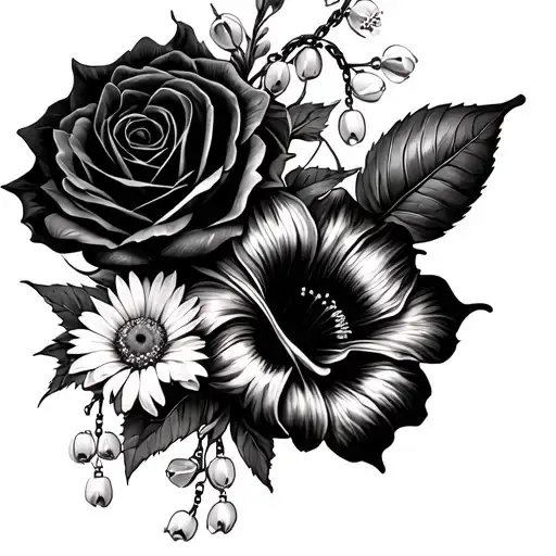 rose, daisy, sunflower, lily of the valley, stargazer lily, hibiscus, cherry blossom, rosary, broken chain half sleeve tattoo design idea