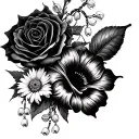 rose, daisy, sunflower, lily of the valley, stargazer lily, hibiscus, cherry blossom, rosary, broken chain half sleeve tattoo design idea