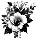 rose, daisy, sunflower, lily of the valley, stargazer lily, hibiscus, cherry blossom, rosary, broken chain half sleeve tattoo design idea