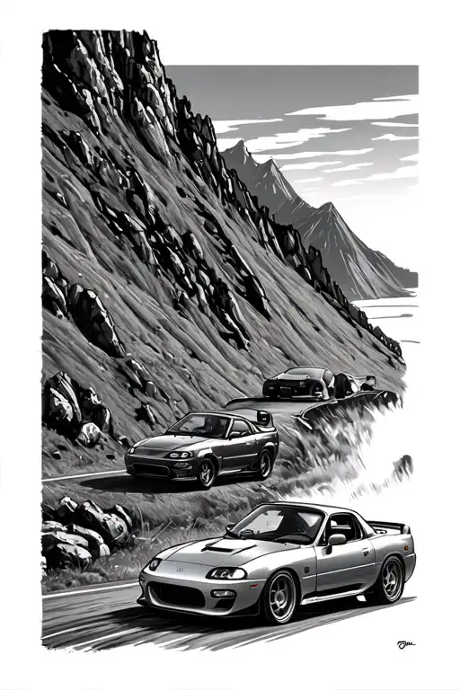 Drift Nissan 200SX S13 and Mazda MX5 mk1 on mountain road winding tattoo design idea