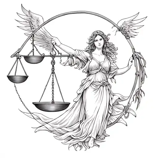 A detailed fine line tattoo of a Virgo maiden gracefully holding balancing scales in one hand, protected by a majestic l tattoo design idea