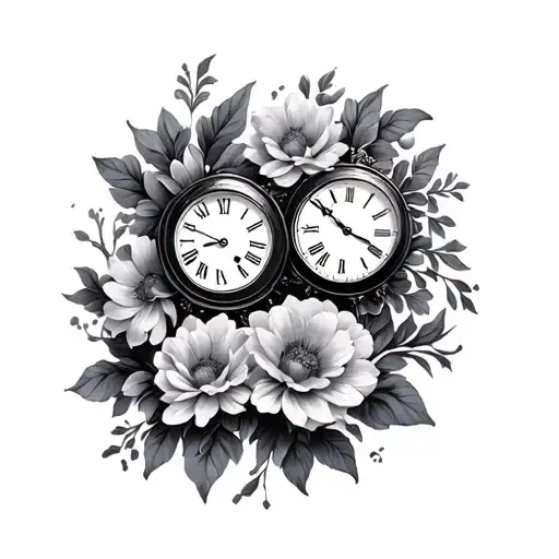 2 clock faces surrounded by flowers intertwined tattoo design idea