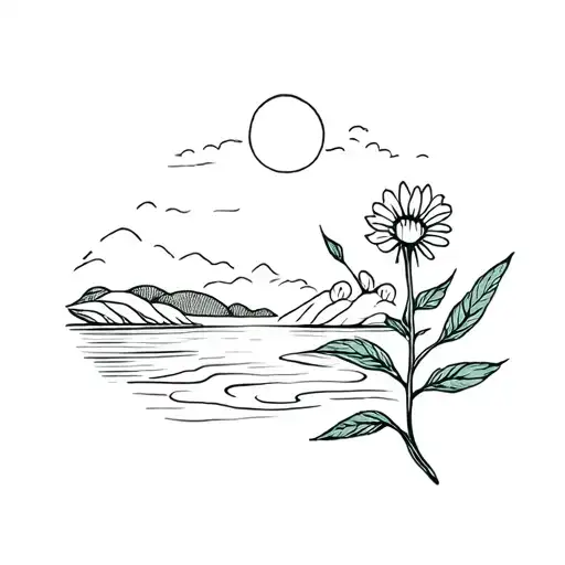 tiny closed flower bud next to a river and sun rising tattoo design idea