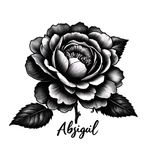 Abigail name tattoo with camellia flower blooming tattoo design idea