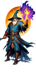 Wizard casting a storm spell with castle and gradient sky tattoo design idea