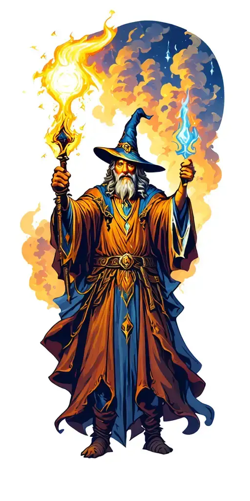 Wizard casting a storm spell with castle and gradient sky tattoo design idea