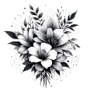 A bouquet of exotic flowers intertwined with geometric shapes and dots tattoo design idea