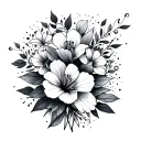 A bouquet of exotic flowers intertwined with geometric shapes and dots tattoo design idea