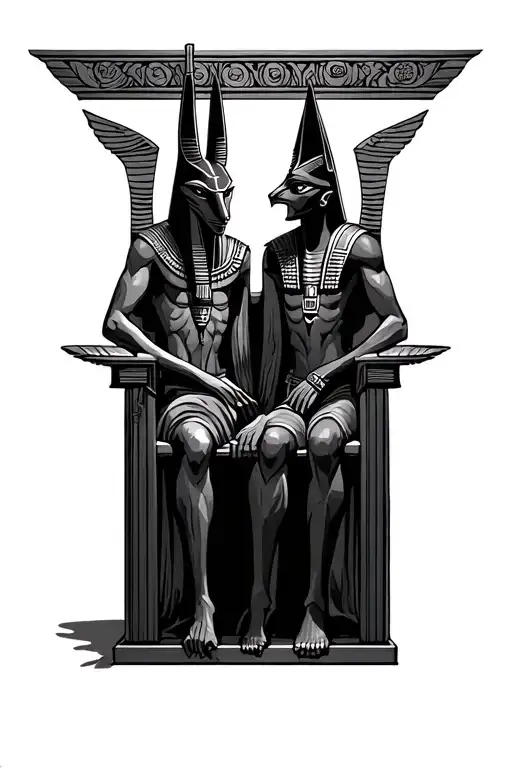 Anubis and Ra, staying face to face, empty throne in the middle, shining eyes tattoo design idea