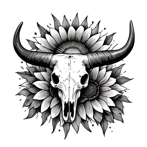 longhorn bull skull with sun flowers surrounding tattoo design idea