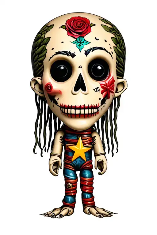 voodoo doll with Face of mezmerize album. Tool star on the chest  tattoo design idea